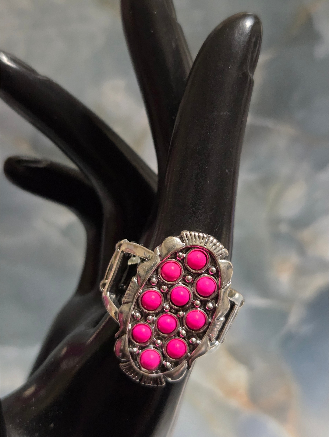 Paparazzi Hot Pink Cabochon Silver-Tone Cluster Ring 8$